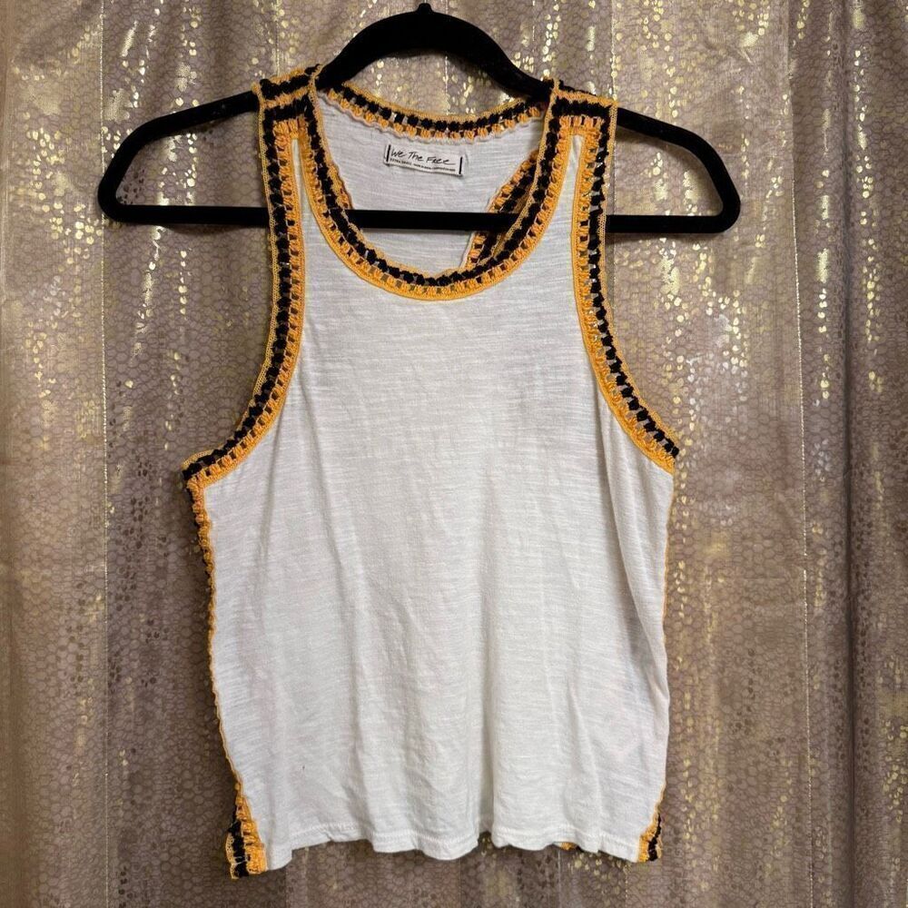 Free People Black Yellow Ivory Bora Bora Racerback Crochet Linen Blend Trim Tank